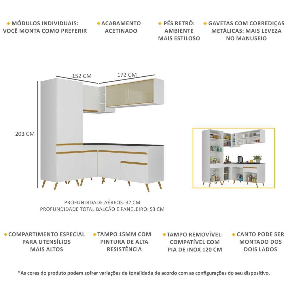 Armário de Cozinha Completa de Canto Veneza Multimóveis V2053  Branco/Dourado