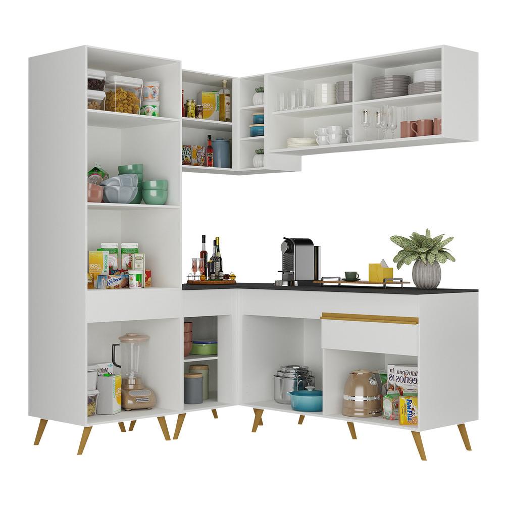 Armário de Cozinha Completa de Canto Veneza Multimóveis V2053  Branco/Dourado