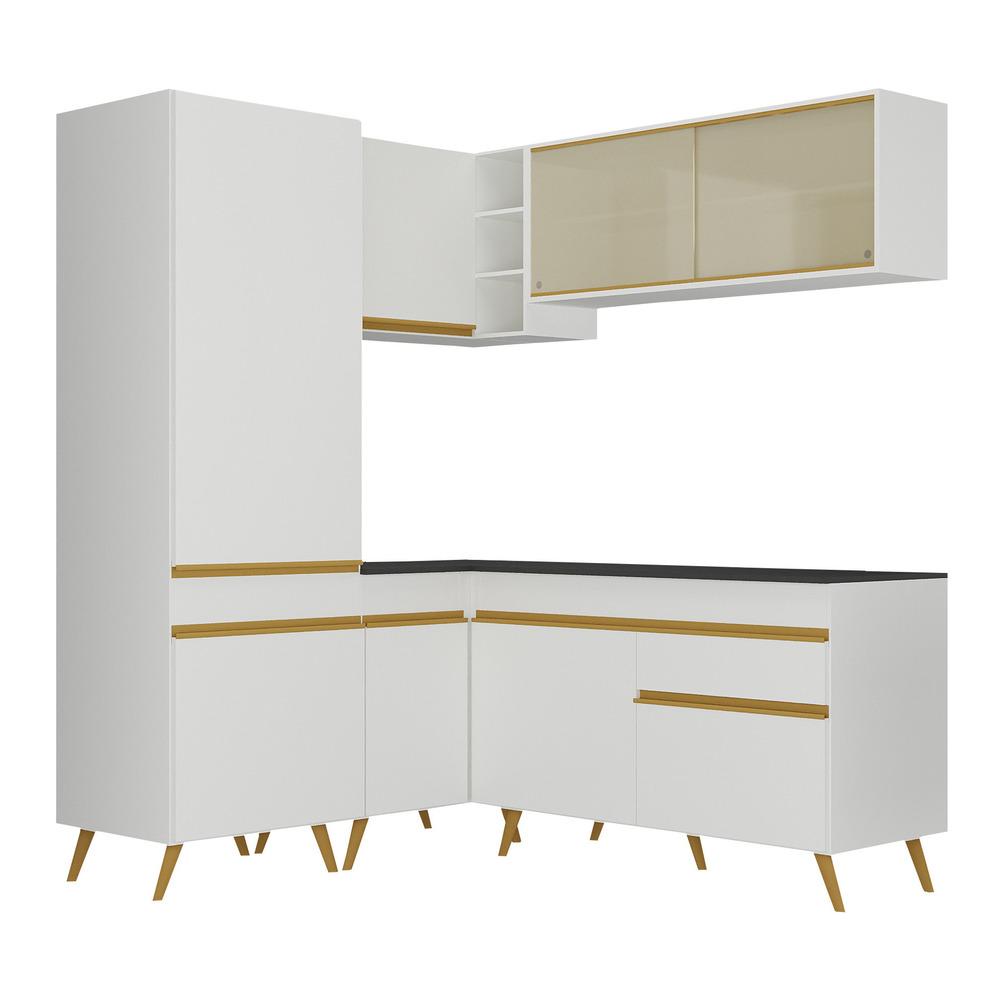 Armário de Cozinha Completa de Canto Veneza Multimóveis V2053  Branco/Dourado