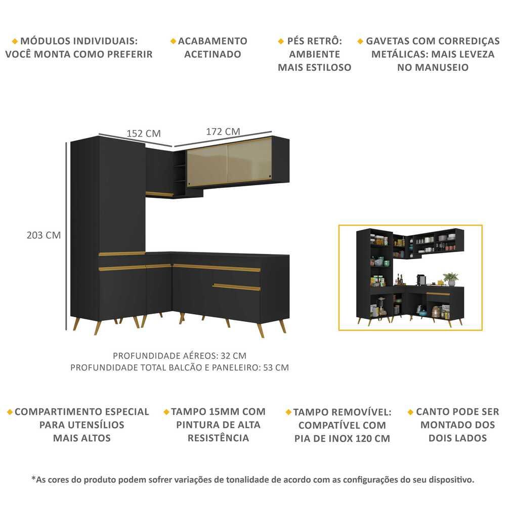 Armário de Cozinha Completa de Canto Veneza Multimóveis V2053  Preto/Dourado