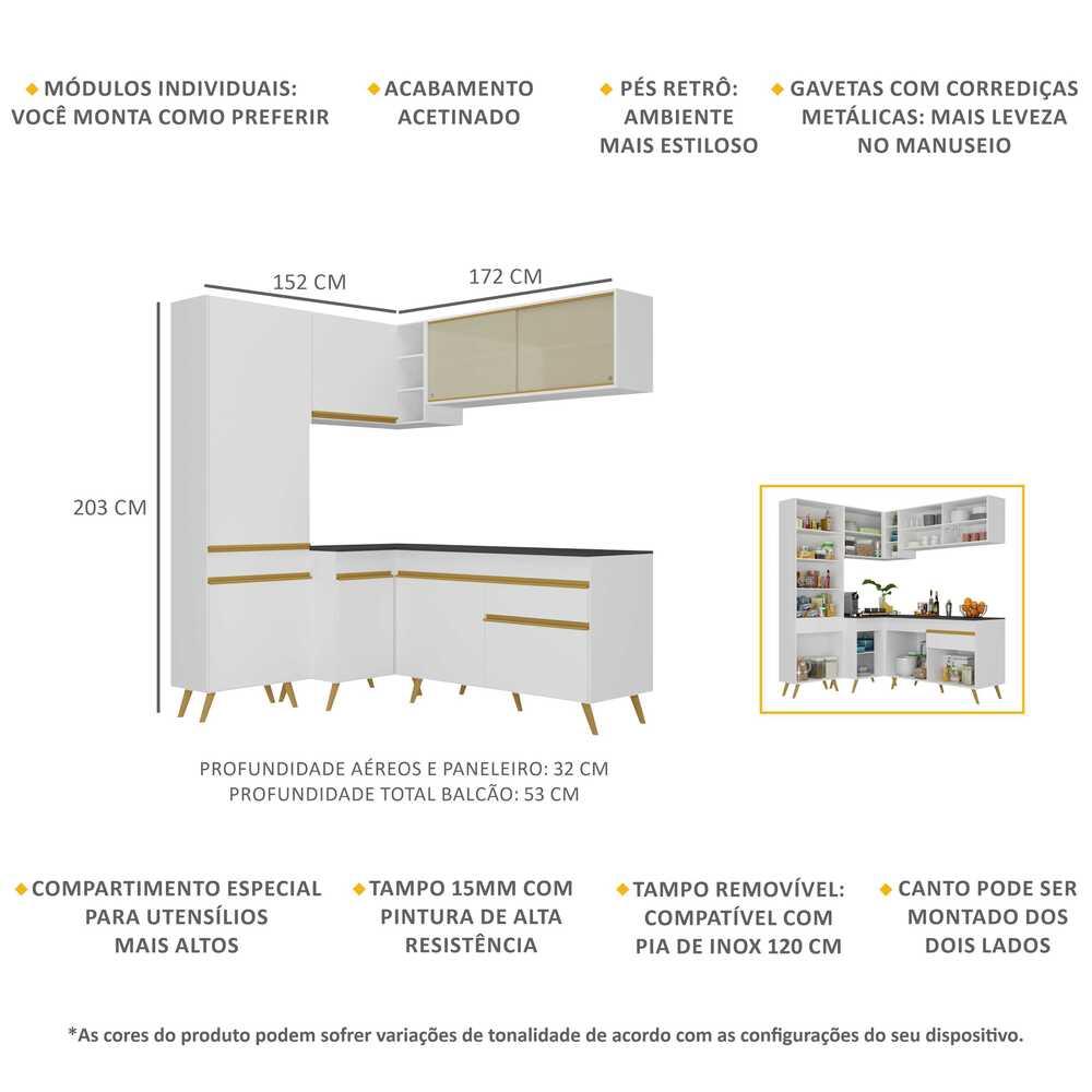 Armário de Cozinha Completa de Canto Veneza Multimóveis V2054  Branco/Dourado