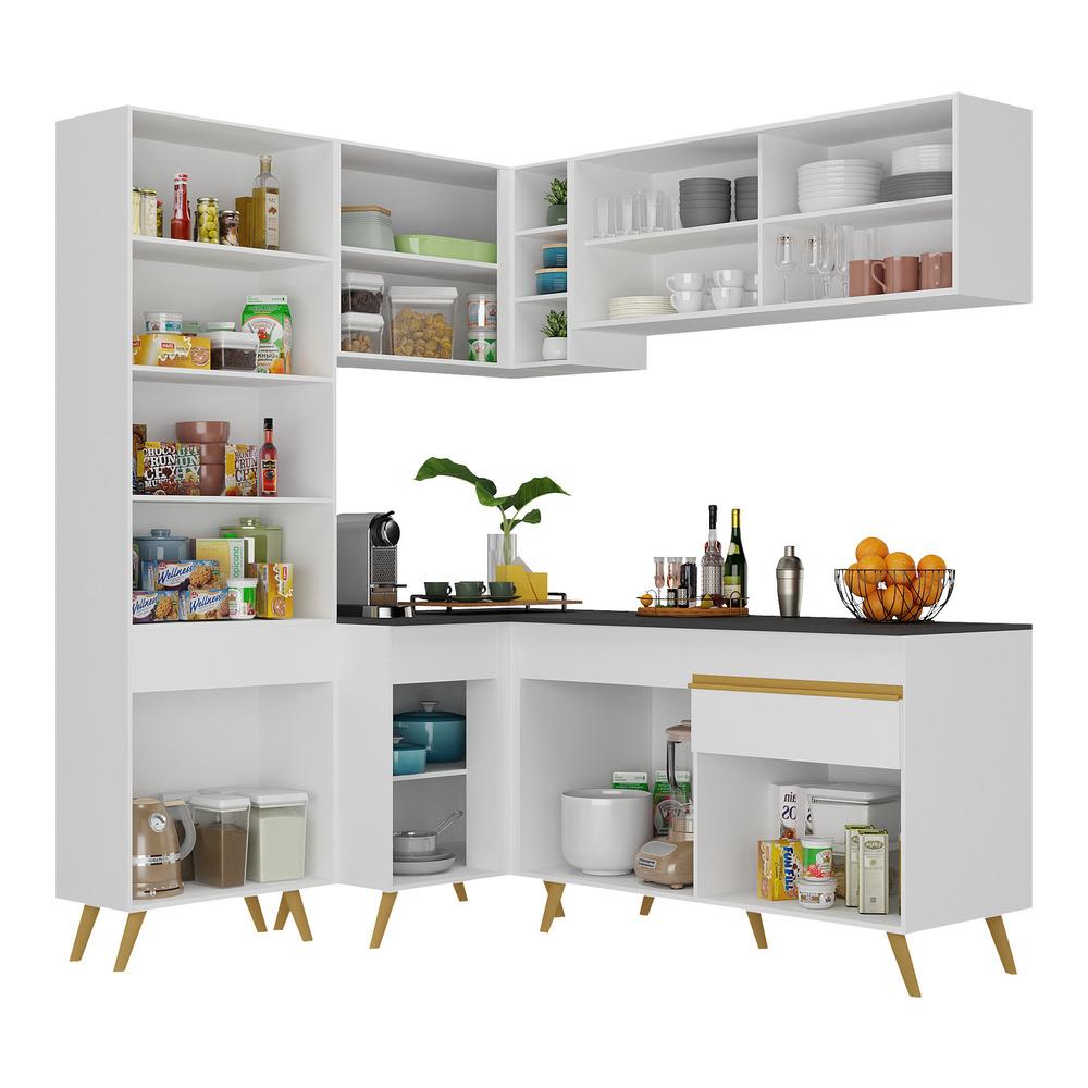 Armário de Cozinha Completa de Canto Veneza Multimóveis V2054  Branco/Dourado