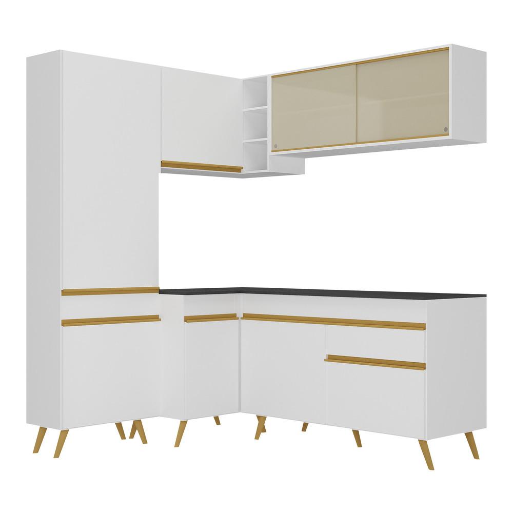 Armário de Cozinha Completa de Canto Veneza Multimóveis V2054  Branco/Dourado