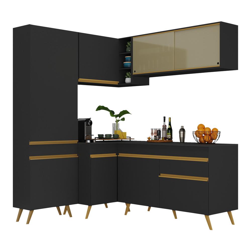 Armário de Cozinha Completa de Canto Veneza Multimóveis V2054  Preto/Dourado
