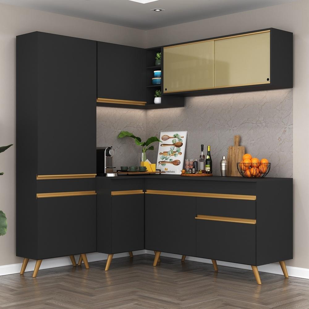 Armário de Cozinha Completa de Canto Veneza Multimóveis V2054  Preto/Dourado