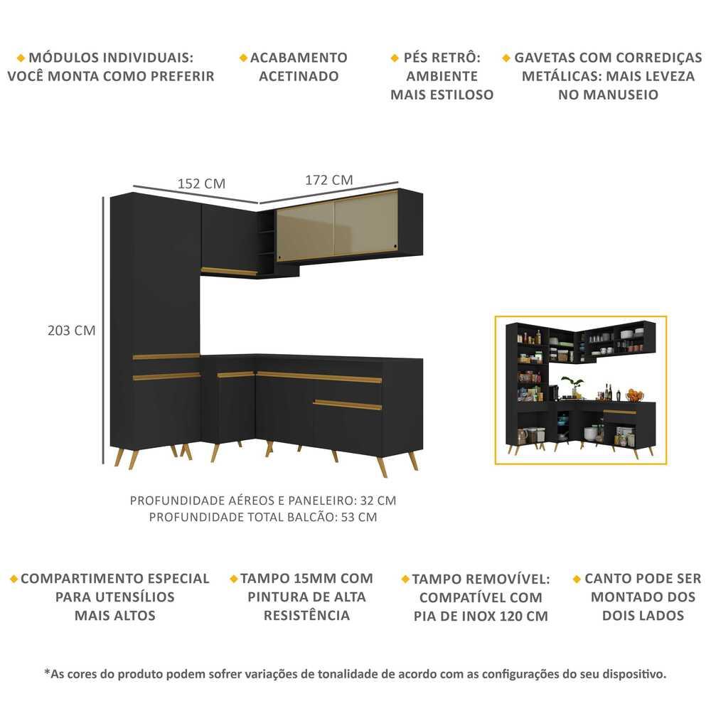 Armário de Cozinha Completa de Canto Veneza Multimóveis V2054  Preto/Dourado