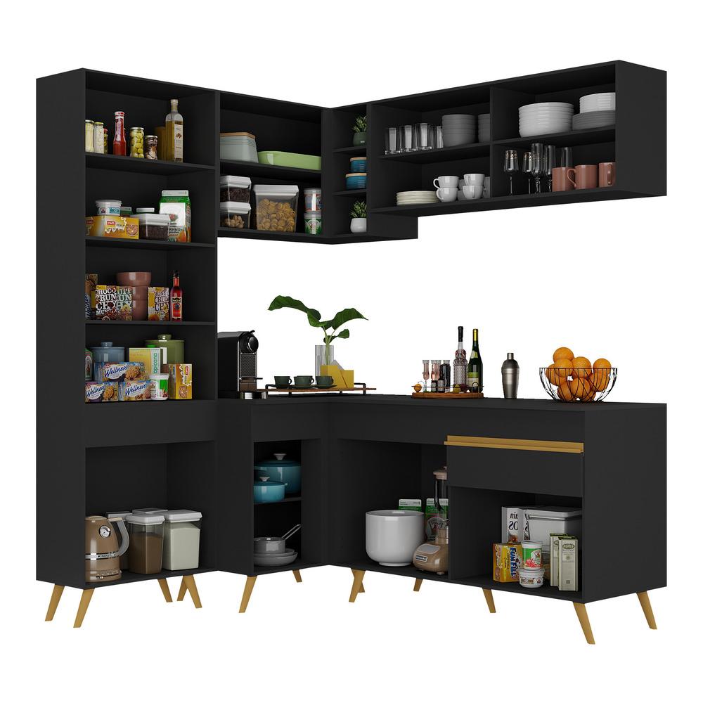 Armário de Cozinha Completa de Canto Veneza Multimóveis V2054  Preto/Dourado