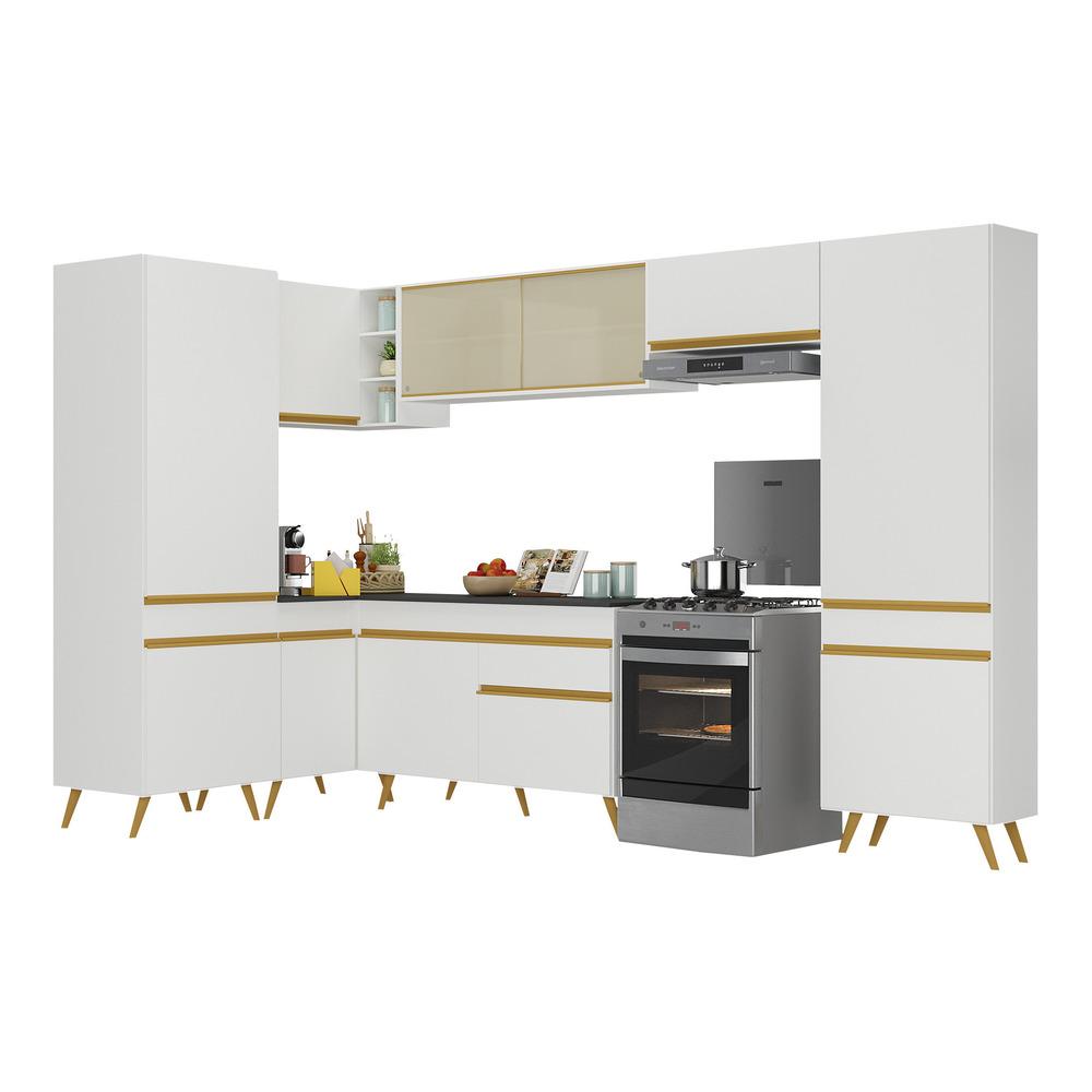 Armário de Cozinha Completa de Canto Veneza Multimóveis V2055  Branco/Dourado