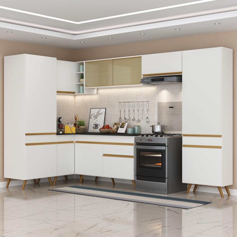 Armário de Cozinha Completa de Canto Veneza Multimóveis V2055  Branco/Dourado