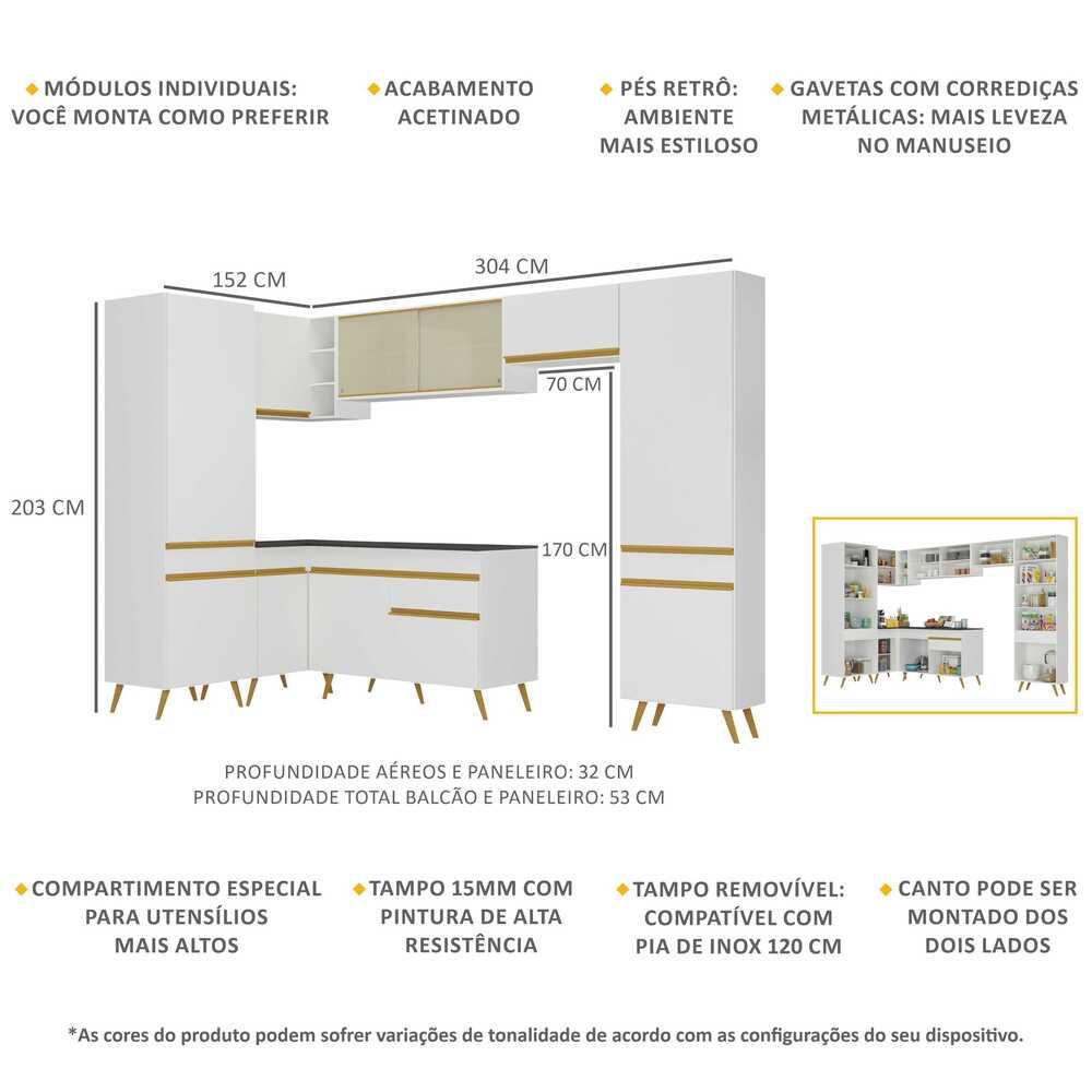 Armário de Cozinha Completa de Canto Veneza Multimóveis V2055  Branco/Dourado