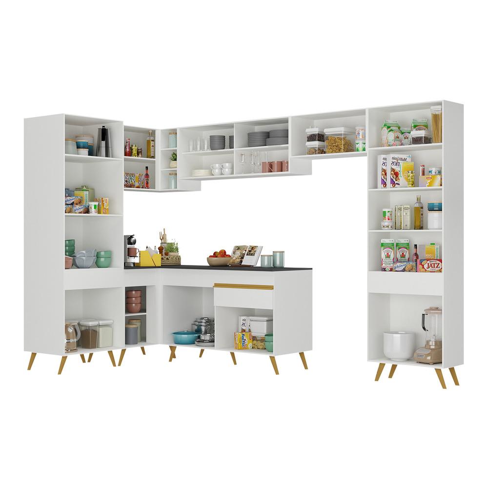 Armário de Cozinha Completa de Canto Veneza Multimóveis V2055  Branco/Dourado