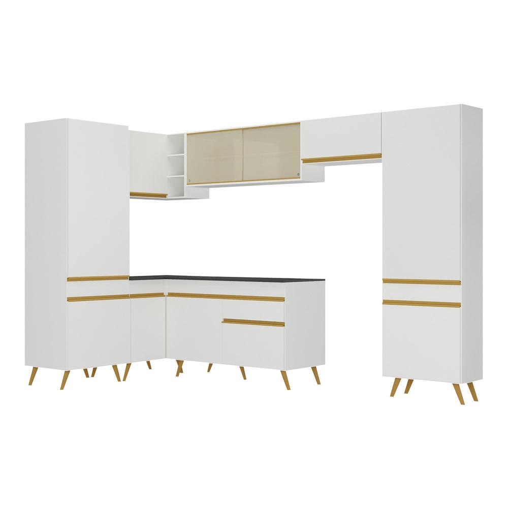 Armário de Cozinha Completa de Canto Veneza Multimóveis V2055  Branco/Dourado