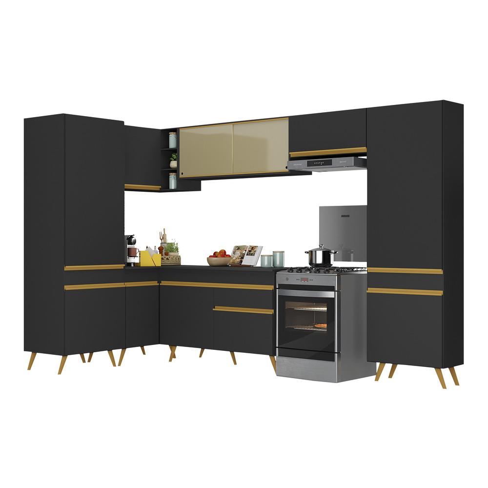 Armário de Cozinha Completa de Canto Veneza Multimóveis V2055  Preto/Dourado