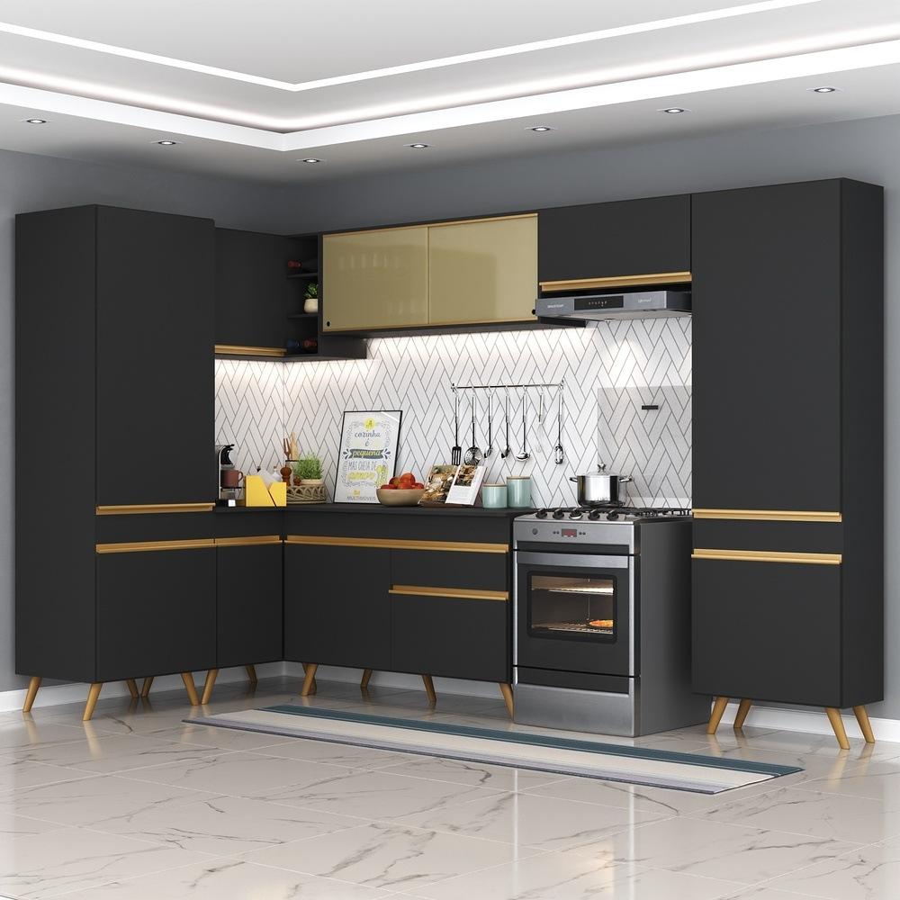 Armário de Cozinha Completa de Canto Veneza Multimóveis V2055  Preto/Dourado