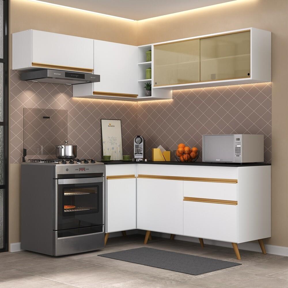 Armário de Cozinha Completa de Canto Veneza Multimóveis V2059  Branco/Dourado