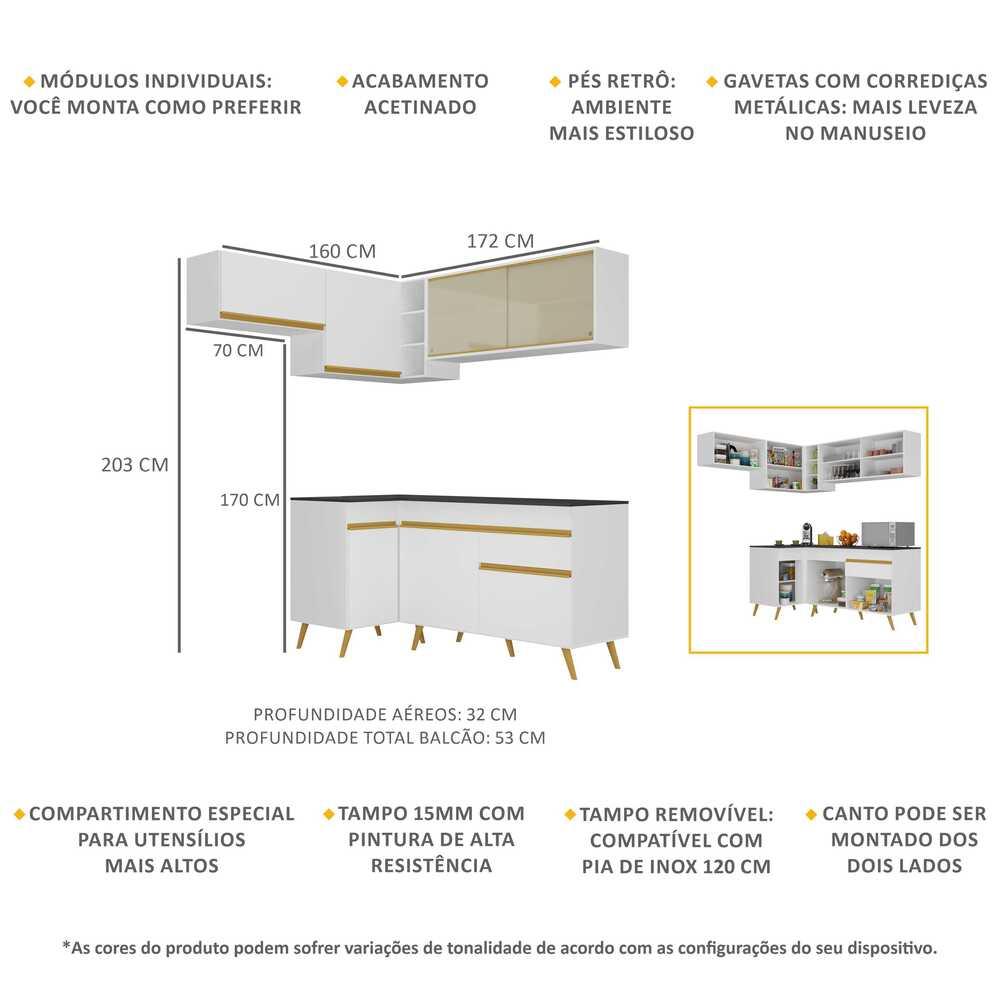 Armário de Cozinha Completa de Canto Veneza Multimóveis V2059  Branco/Dourado