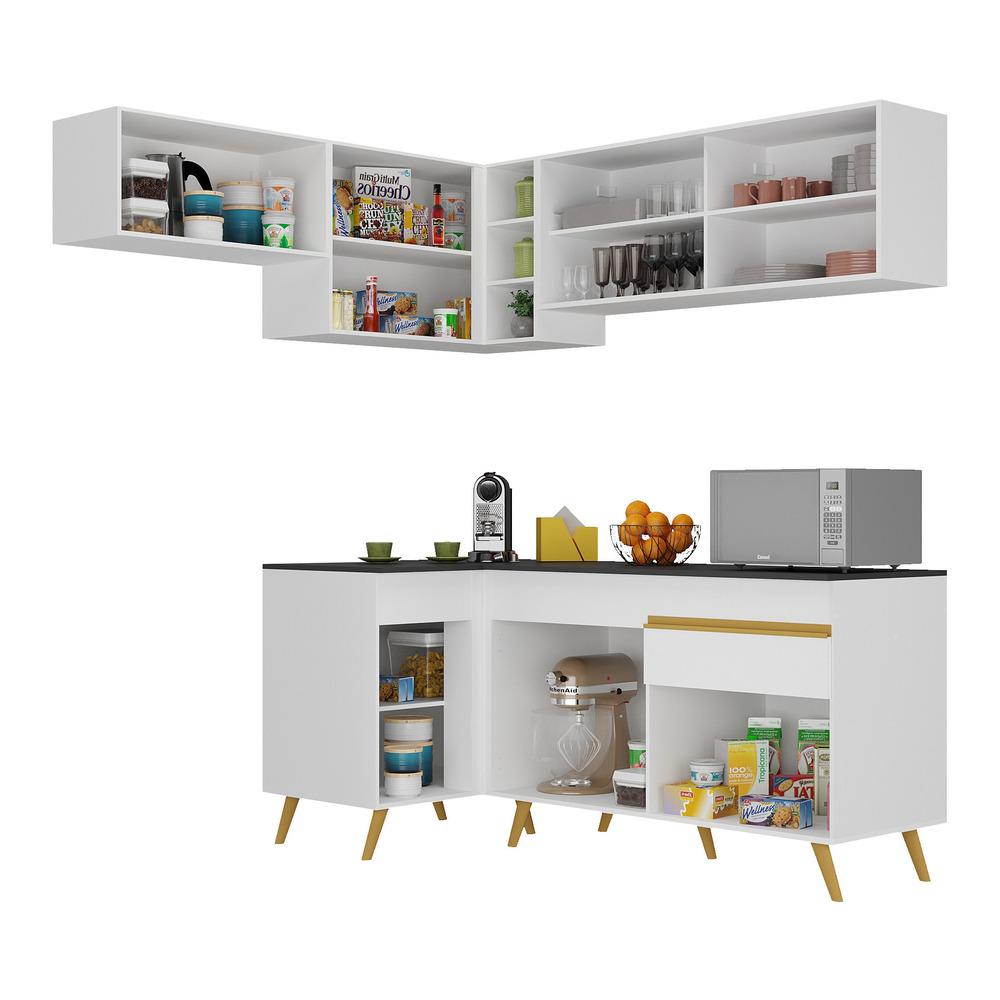 Armário de Cozinha Completa de Canto Veneza Multimóveis V2059  Branco/Dourado