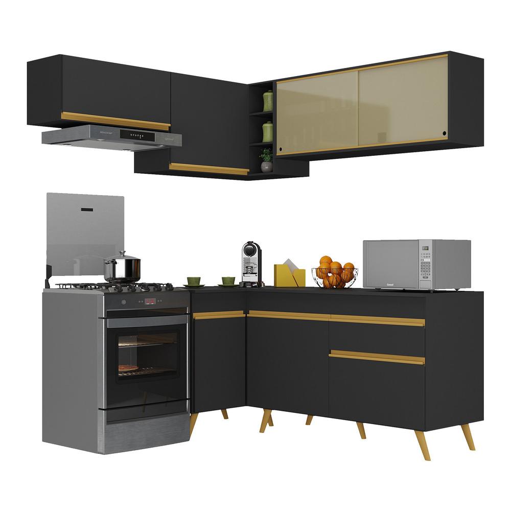 Armário de Cozinha Completa de Canto Veneza Multimóveis V2059  Preto/Dourado