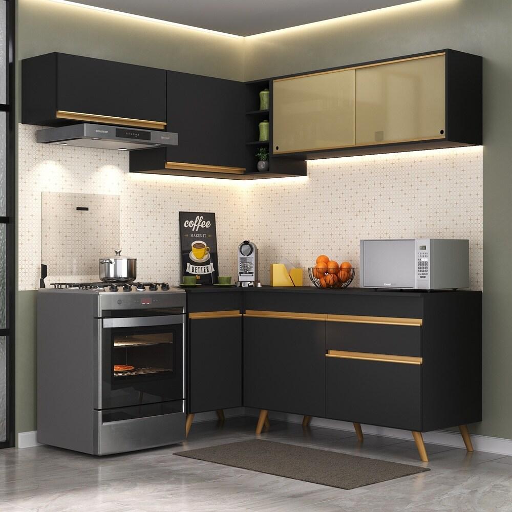 Armário de Cozinha Completa de Canto Veneza Multimóveis V2059  Preto/Dourado
