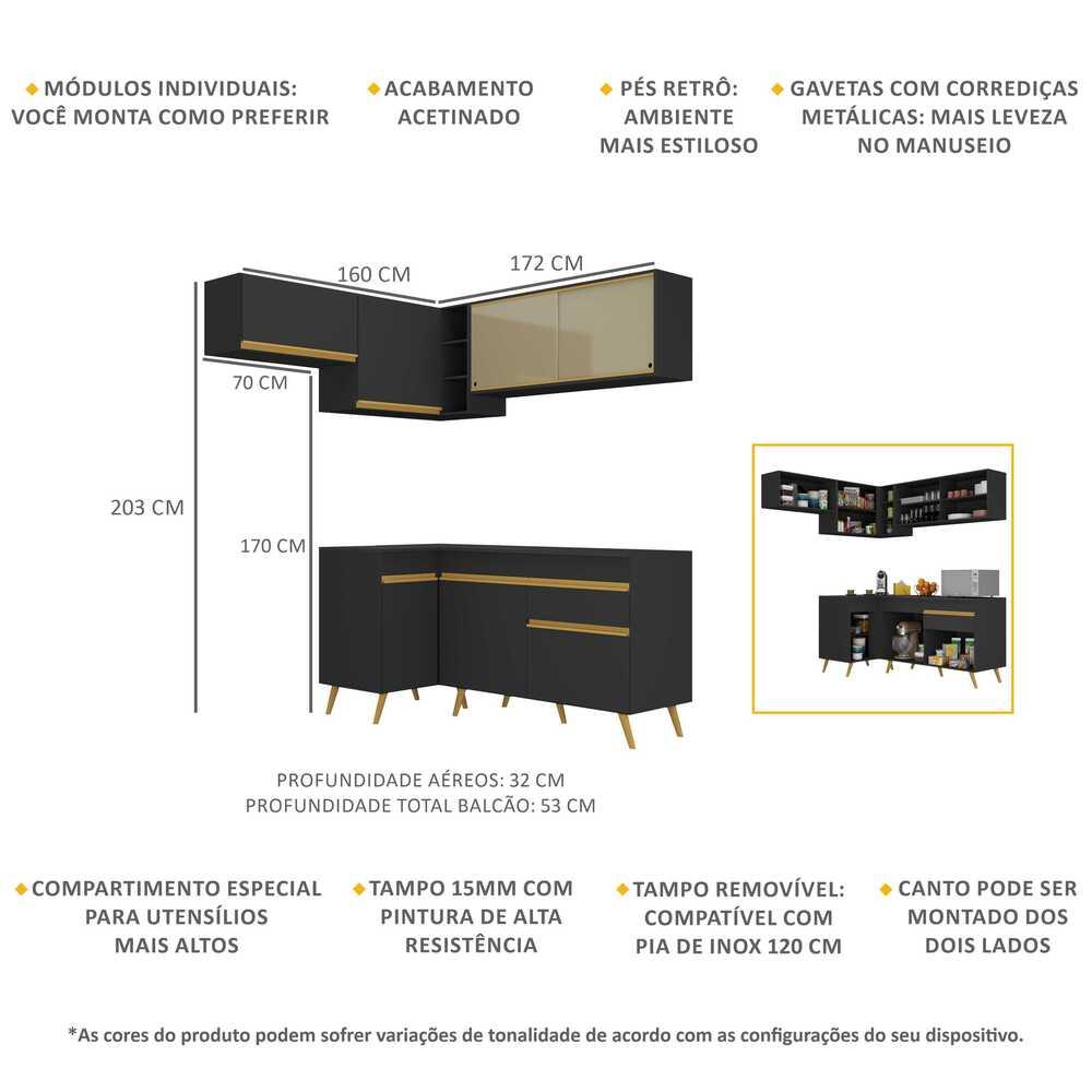 Armário de Cozinha Completa de Canto Veneza Multimóveis V2059  Preto/Dourado