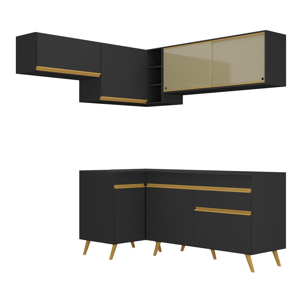 Armário de Cozinha Completa de Canto Veneza Multimóveis V2059  Preto/Dourado