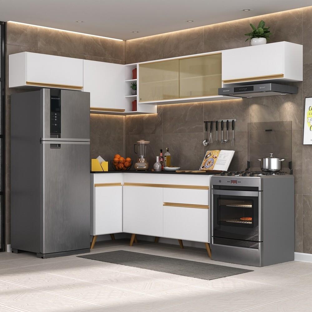 Armário de Cozinha Completa de Canto Veneza Multimóveis V2060  Branco/Dourado