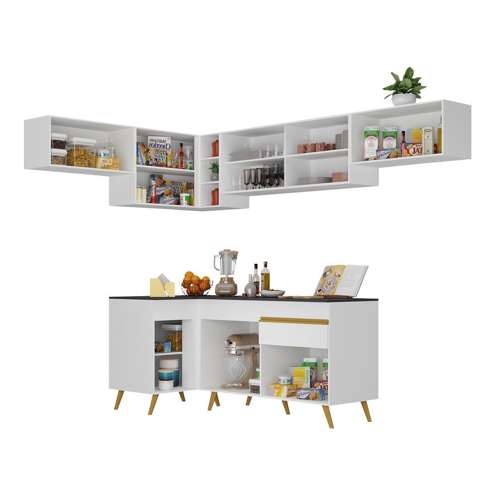 Armário de Cozinha Completa de Canto Veneza Multimóveis V2060  Branco/Dourado