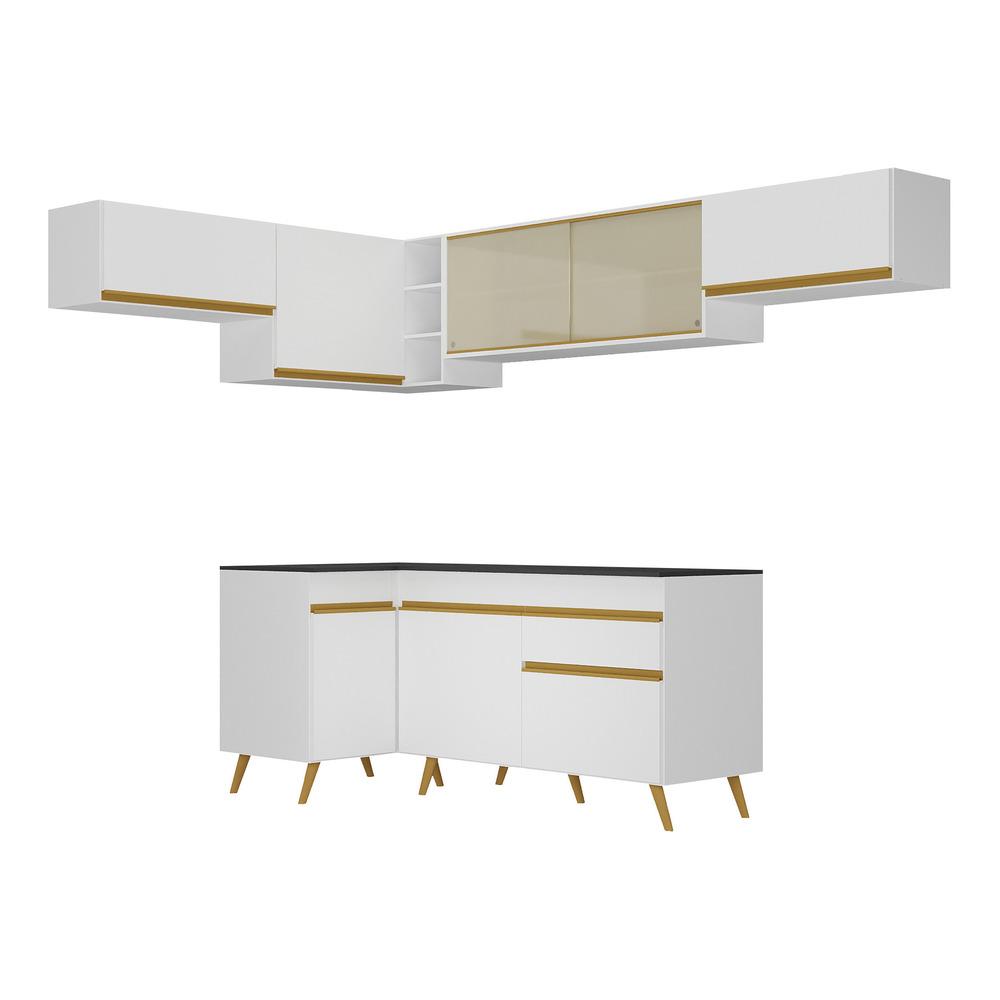 Armário de Cozinha Completa de Canto Veneza Multimóveis V2060  Branco/Dourado
