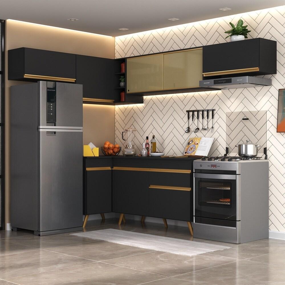 Armário de Cozinha Completa de Canto Veneza Multimóveis V2060  Preto/Dourado