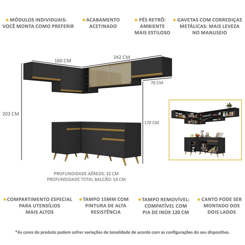 Armário de Cozinha Completa de Canto Veneza Multimóveis V2060  Preto/Dourado