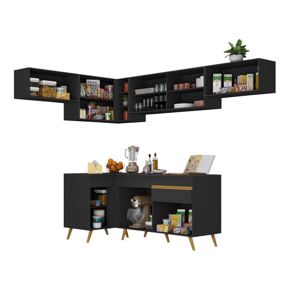 Armário de Cozinha Completa de Canto Veneza Multimóveis V2060  Preto/Dourado