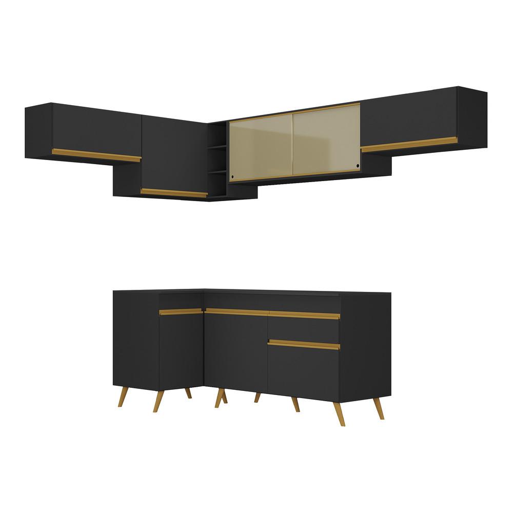 Armário de Cozinha Completa de Canto Veneza Multimóveis V2060  Preto/Dourado