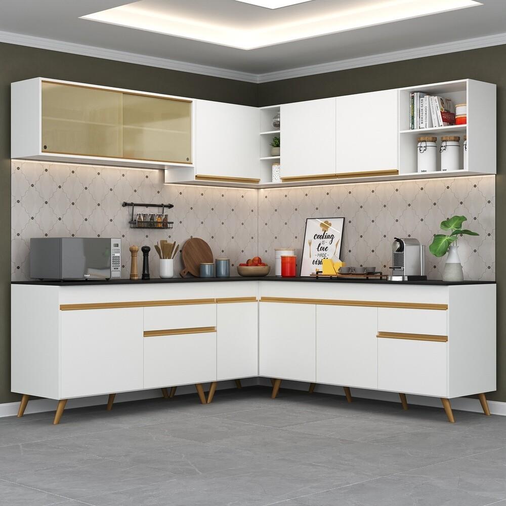 Armário de Cozinha Completa de Canto Veneza Multimóveis V2061  Branco/Dourado