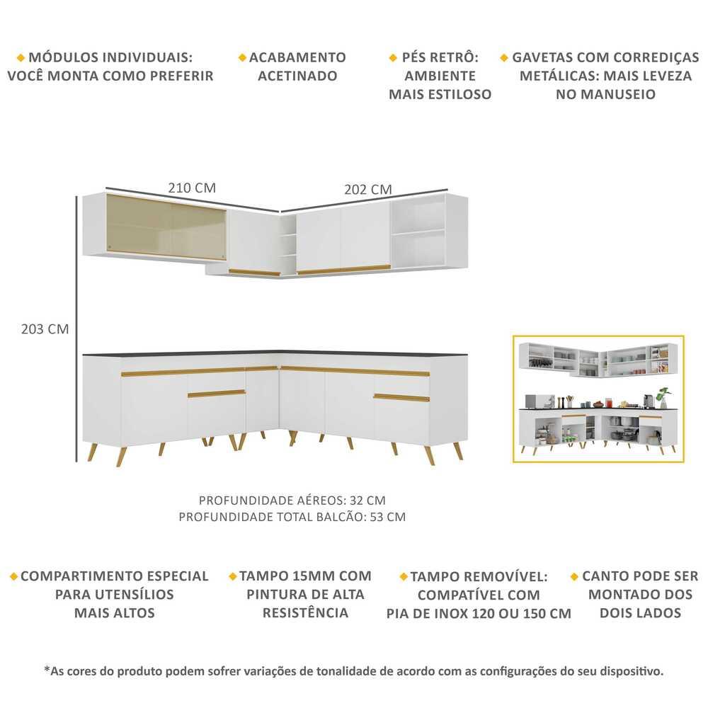 Armário de Cozinha Completa de Canto Veneza Multimóveis V2061  Branco/Dourado