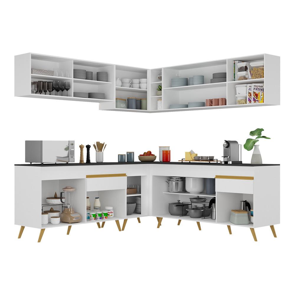 Armário de Cozinha Completa de Canto Veneza Multimóveis V2061  Branco/Dourado