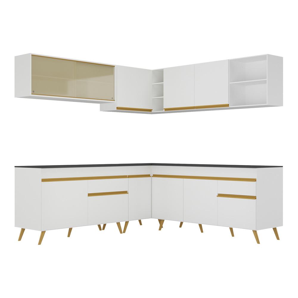Armário de Cozinha Completa de Canto Veneza Multimóveis V2061  Branco/Dourado