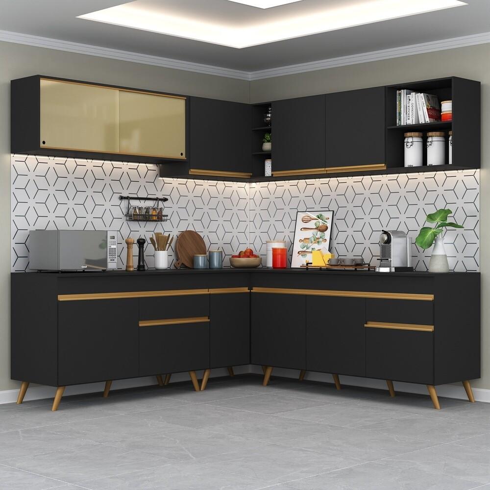 Armário de Cozinha Completa de Canto Veneza Multimóveis V2061  Preto/Dourado