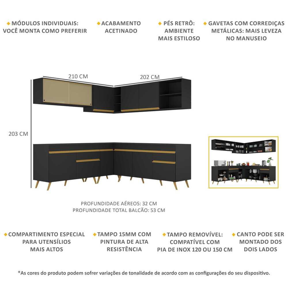 Armário de Cozinha Completa de Canto Veneza Multimóveis V2061  Preto/Dourado