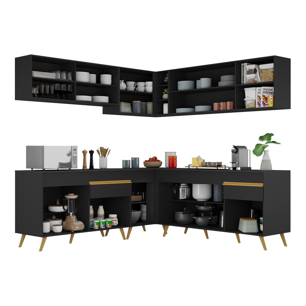 Armário de Cozinha Completa de Canto Veneza Multimóveis V2061  Preto/Dourado