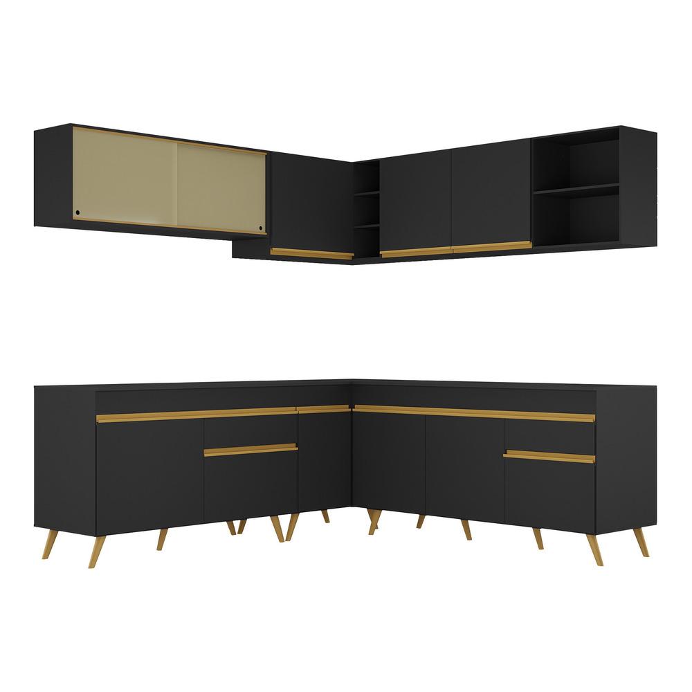 Armário de Cozinha Completa de Canto Veneza Multimóveis V2061  Preto/Dourado