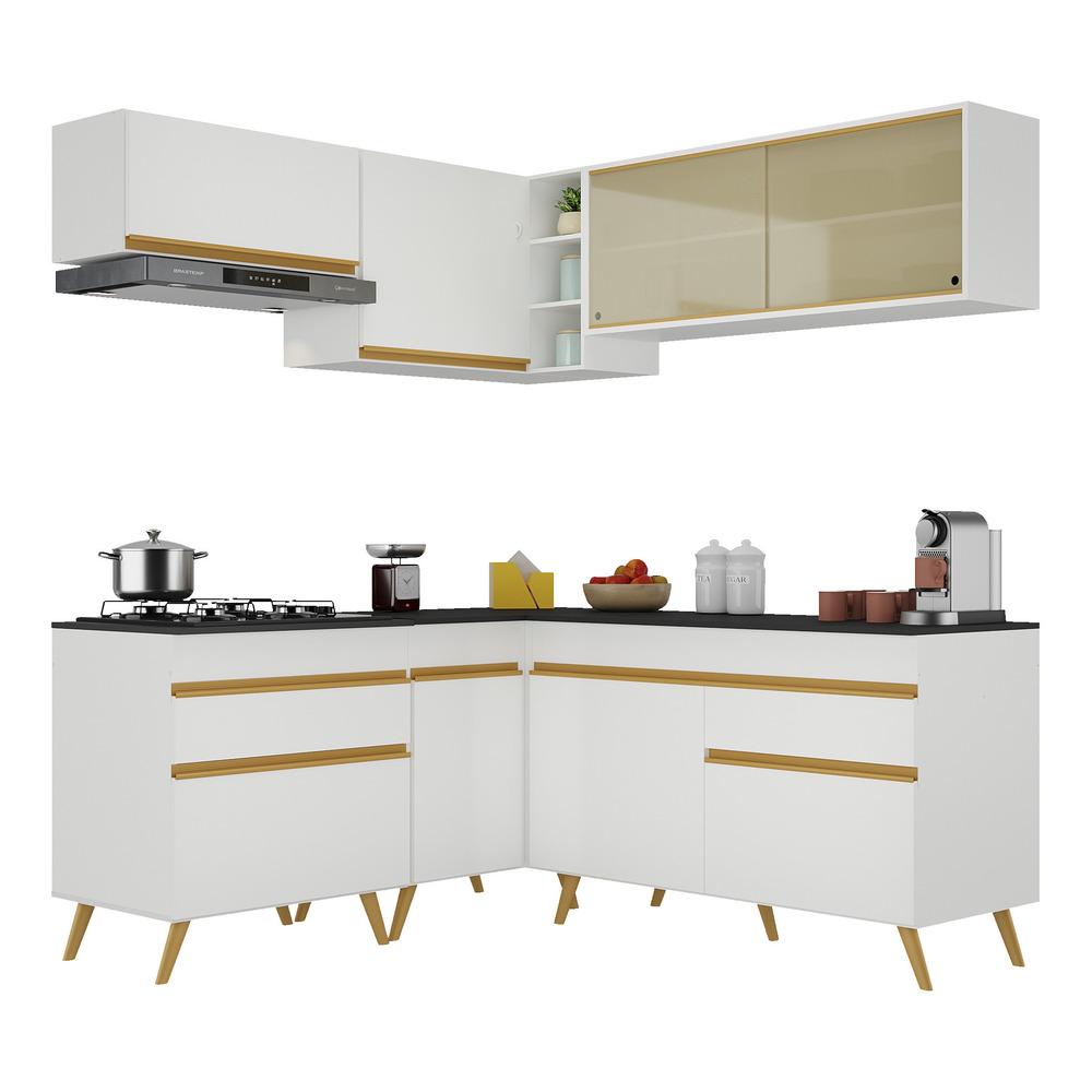 Armário de Cozinha Completa de Canto Veneza Multimóveis V2062  Branco/Dourado