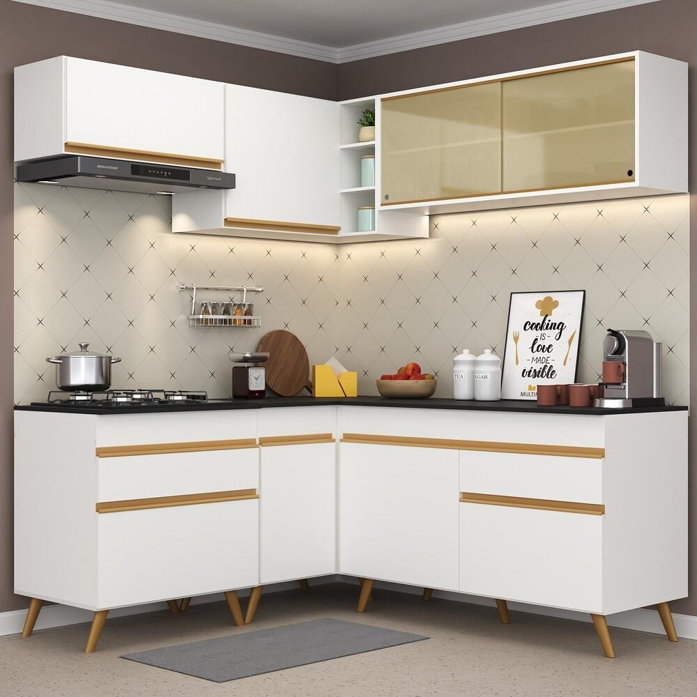 Armário de Cozinha Completa de Canto Veneza Multimóveis V2062  Branco/Dourado