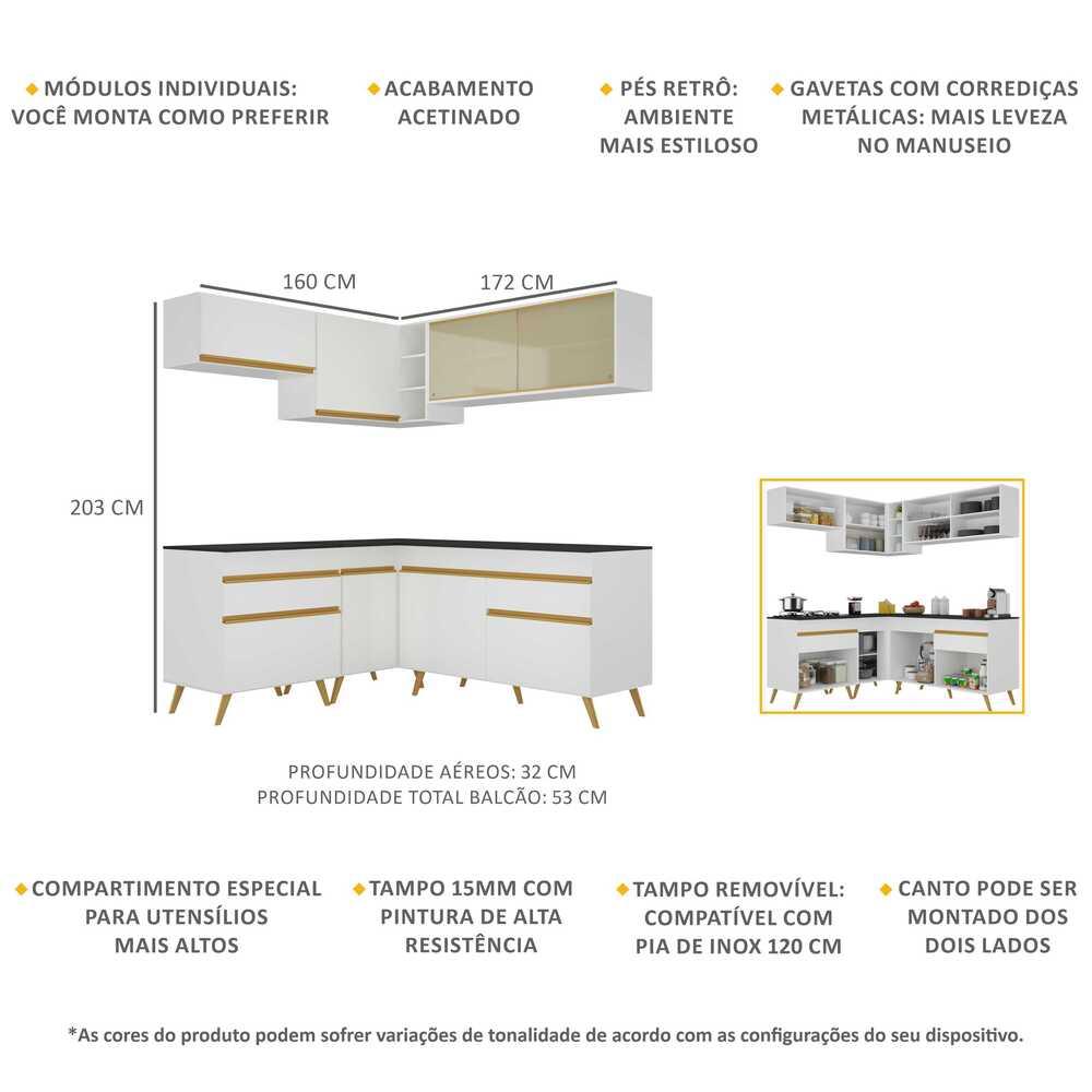Armário de Cozinha Completa de Canto Veneza Multimóveis V2062  Branco/Dourado