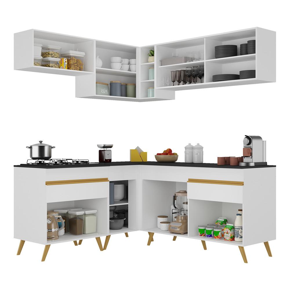 Armário de Cozinha Completa de Canto Veneza Multimóveis V2062  Branco/Dourado