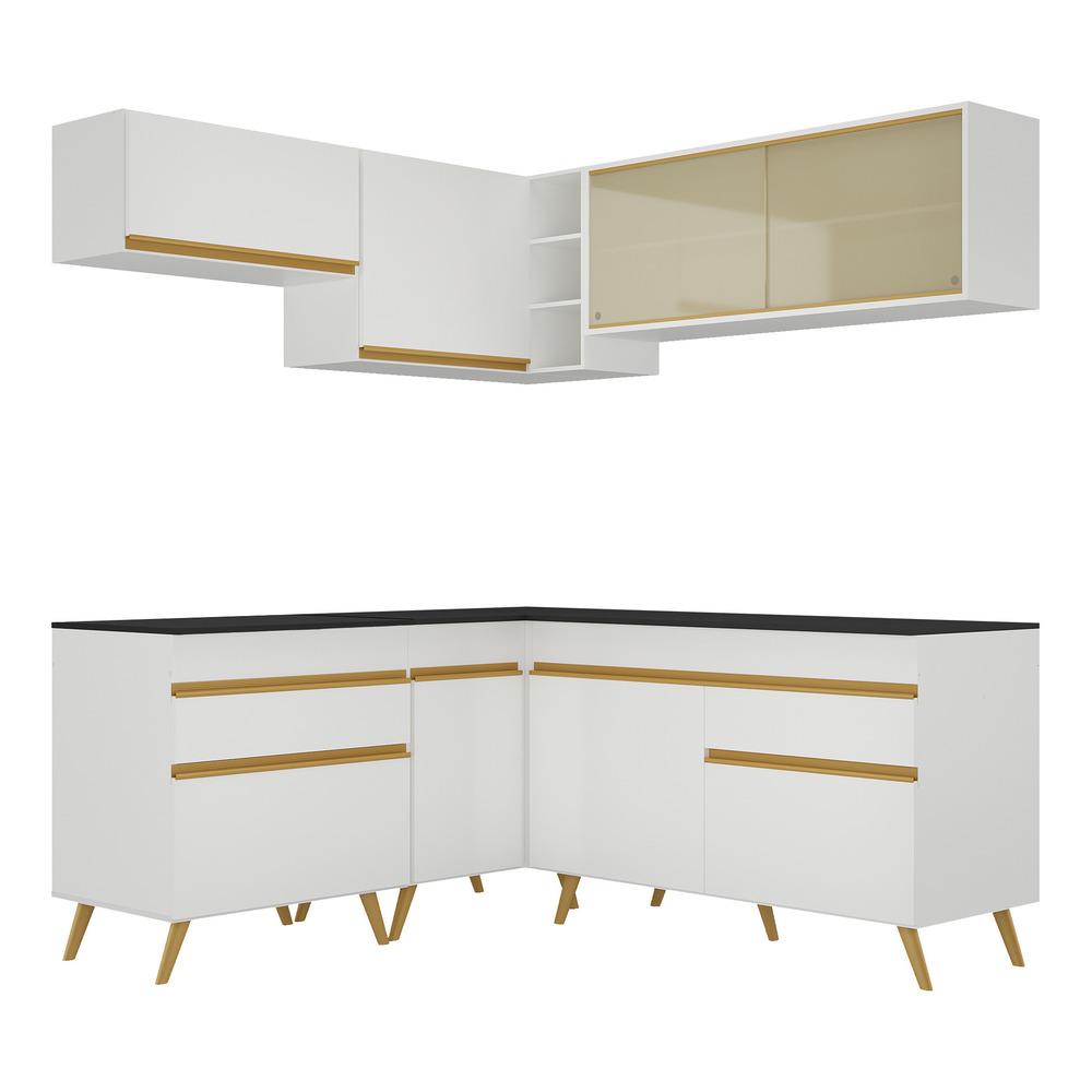 Armário de Cozinha Completa de Canto Veneza Multimóveis V2062  Branco/Dourado