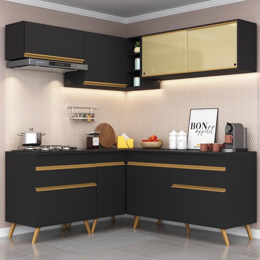 Armário de Cozinha Completa de Canto Veneza Multimóveis V2062  Preto/Dourado