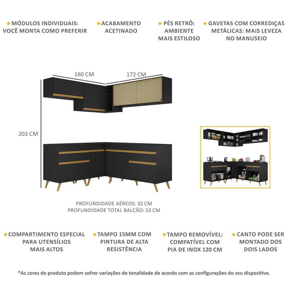 Armário de Cozinha Completa de Canto Veneza Multimóveis V2062  Preto/Dourado