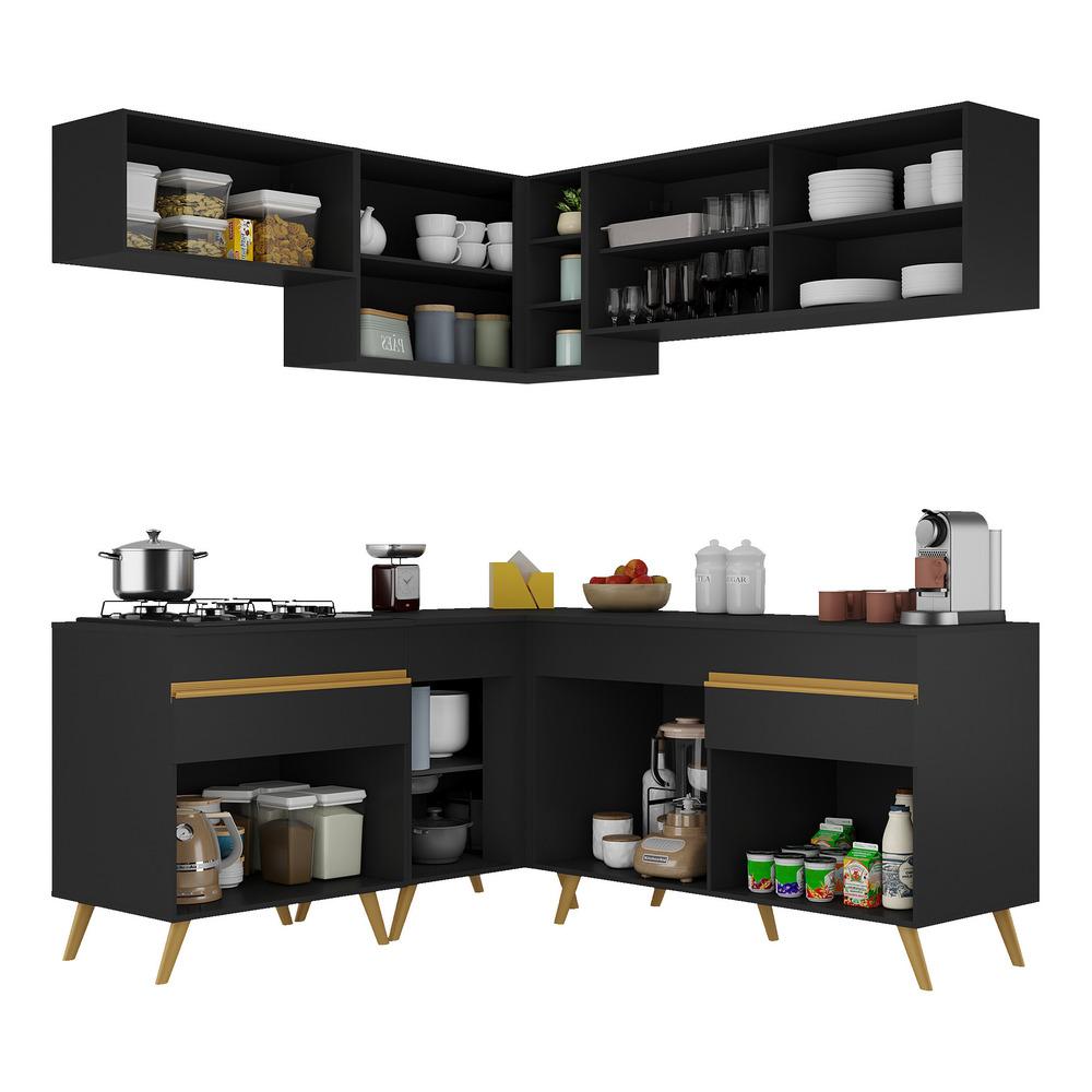 Armário de Cozinha Completa de Canto Veneza Multimóveis V2062  Preto/Dourado