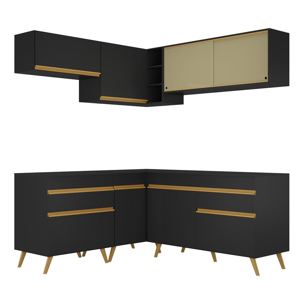 Armário de Cozinha Completa de Canto Veneza Multimóveis V2062  Preto/Dourado