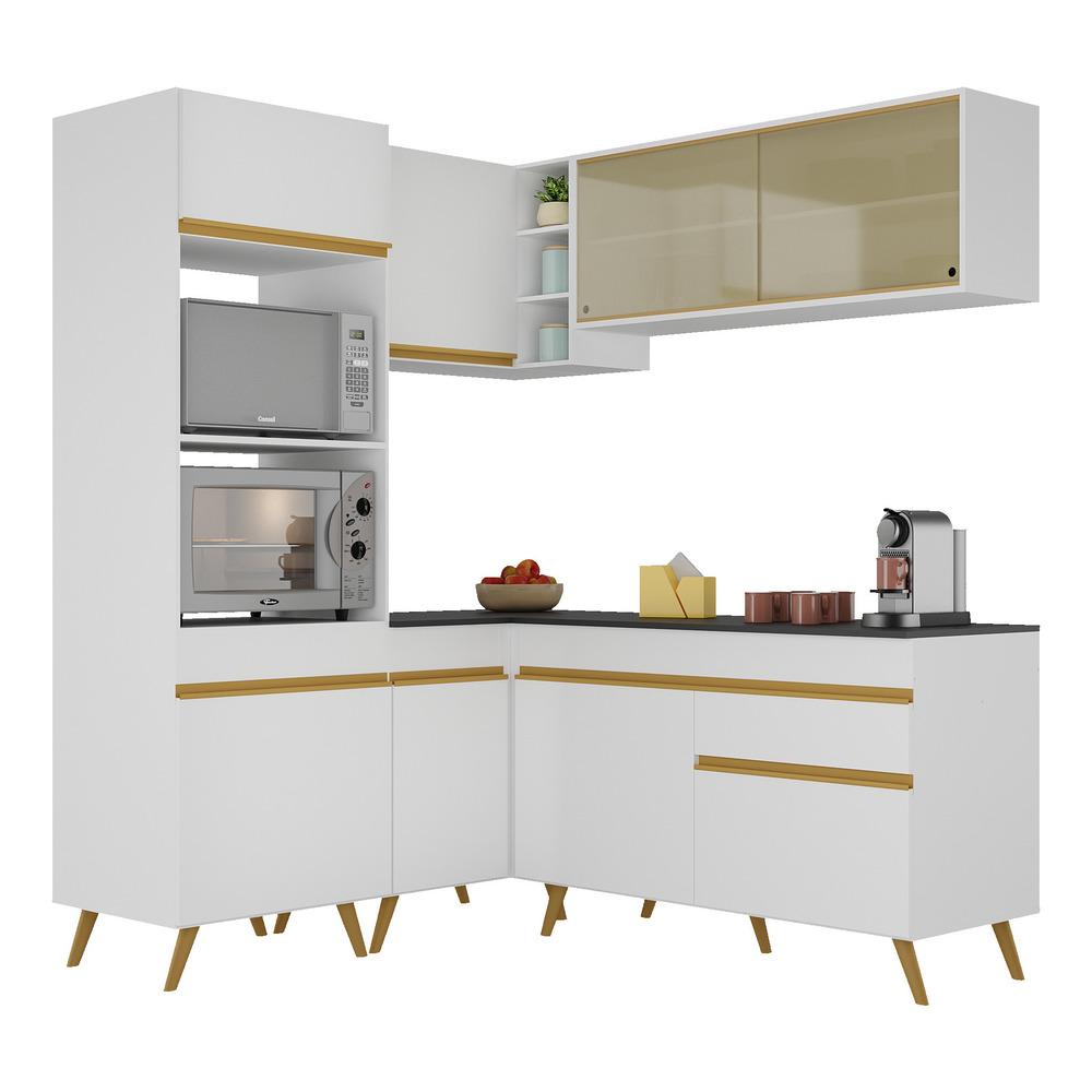 Armário de Cozinha Completa de Canto Veneza Multimóveis V2063  Branco/Dourado